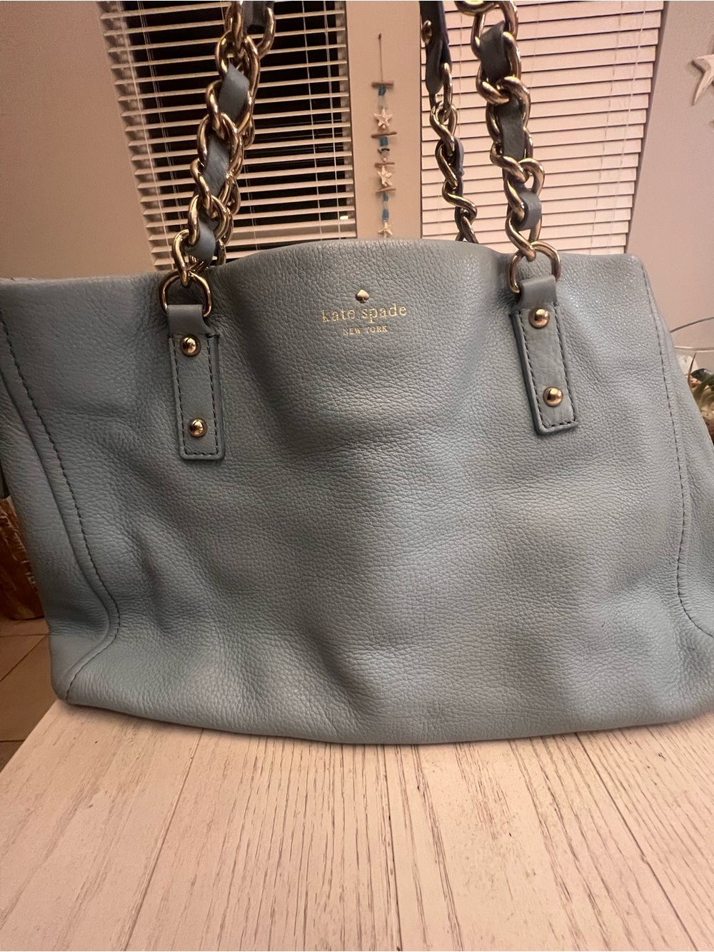 Kate Spade Light Blue Pebbled Leather Gold Chain-Handle Tote
